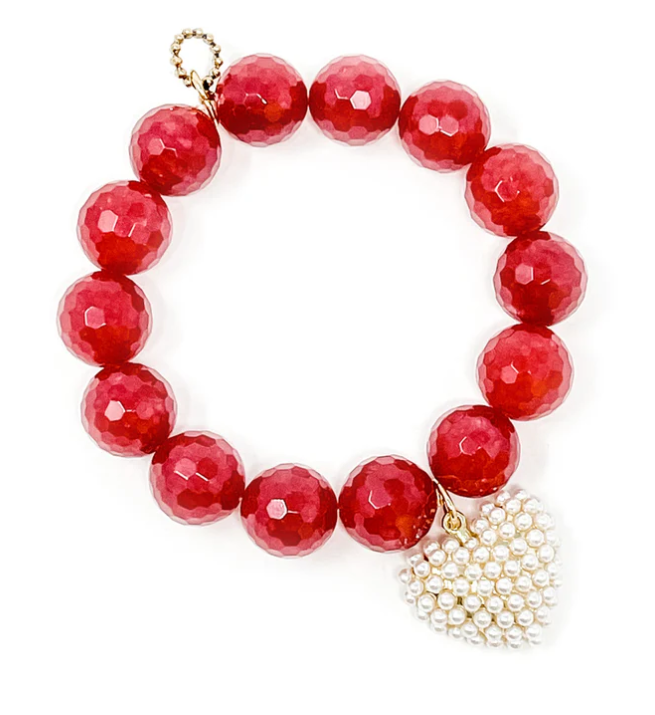 PowerBeads by Jen Faceted Ruby Red Jade with Pearl Heart Bracelet