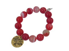 Power Beads by Jen- Pink & White Agate charm Bracelet- Tree of Life