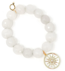 PowerBeads By Jen -Faceted White Jade with Mother of Pearl Sun Charm Bracelet
