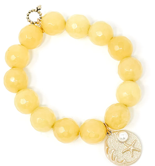PowerBeads By Jen- Faceted Iridescent Canary Agate with Matte Gold Jewel of the Sea Charm Bracelet