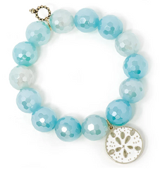PowerBeads By Jen- Faceted Iridescent Tranquility Agate with White Enameled Sand-dollar Charm Bracelet
