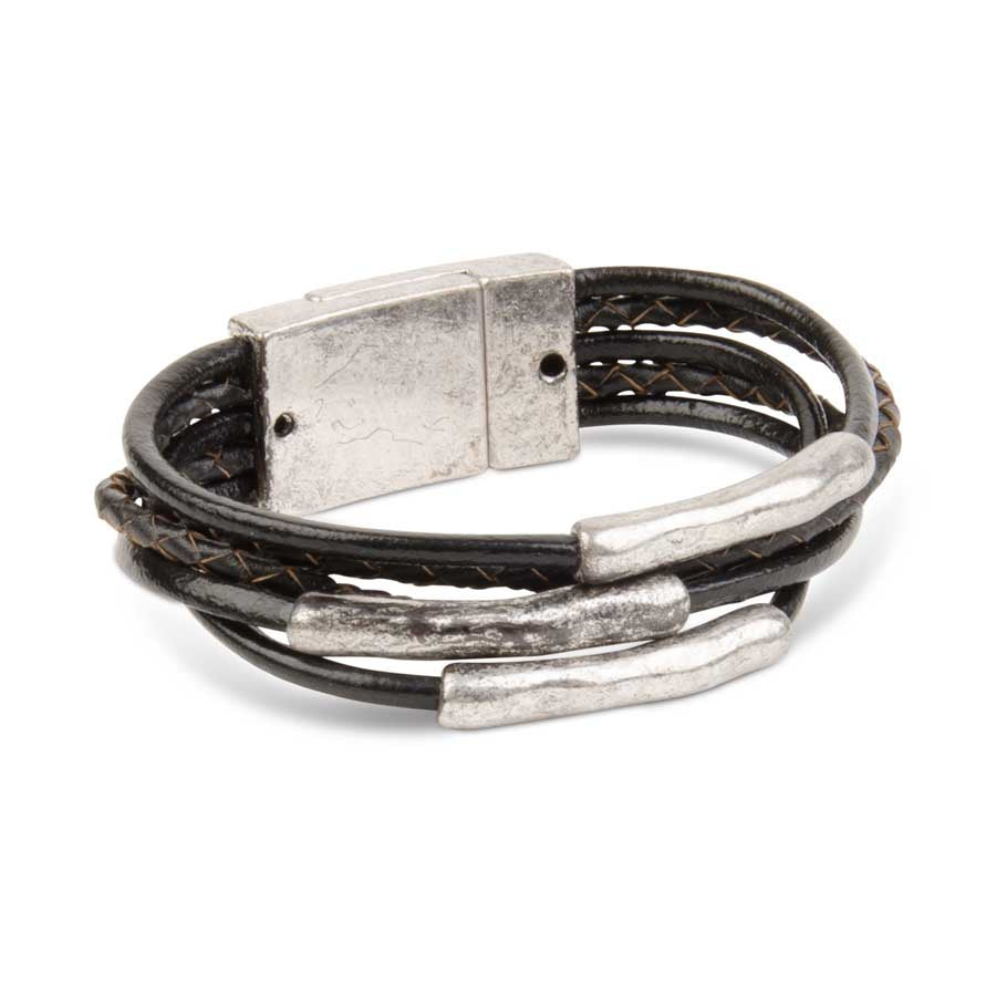 Silver Black Leather Magnetic Bracelet