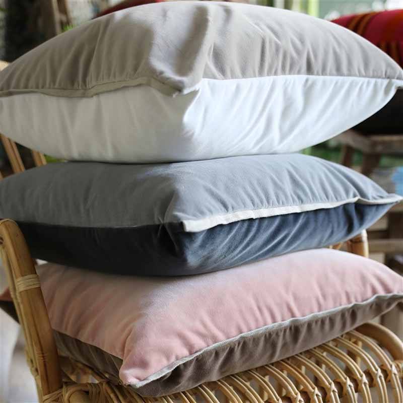 17-inch cotton velvet pillows from Designers Guild in solid or duotone colorways.